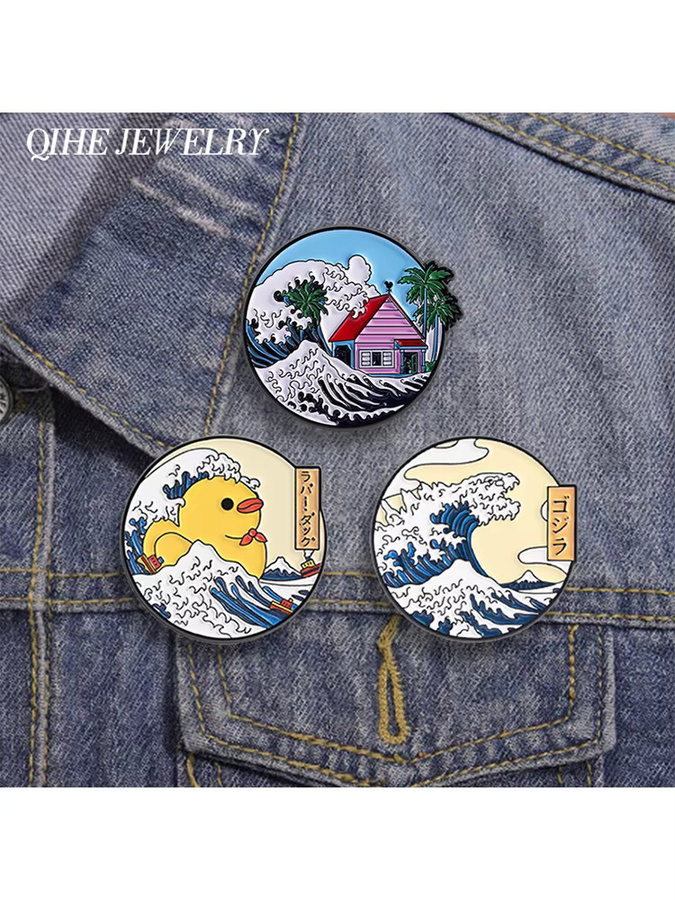 QIHE JEWELRY Brosche, Emaille, Kanagawa Ukiyo-e Stil, Unisex - Bild 3
