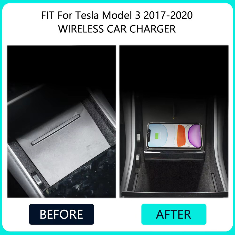 Icreative Drahtloses Dual-Telefon-Autoladegerät für Tesla Model 3 2017–2020, 15 W Schnellladepad mit USB-Anschlüssen, Qi-kompatibel, Schwarz - Bild 2