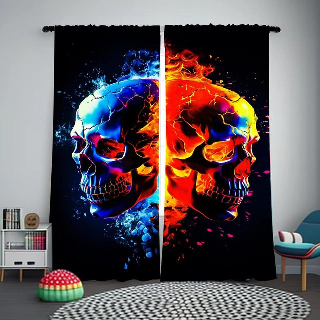 Household supplies MH Vorhänge mit Totenkopf-Muster in Multicolour, lichtfilternd und halbtransparent, 2er-Set mit Ösen, Breite: 60 cm, Höhe: 60 cm - Bild 1