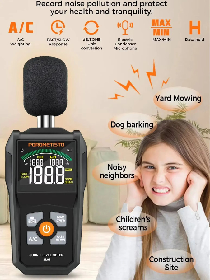 POROMETISTO Digitales Schallpegelmessgerät in Schwarz mit 30-130dB A/C-Gewichtung - Bild 7