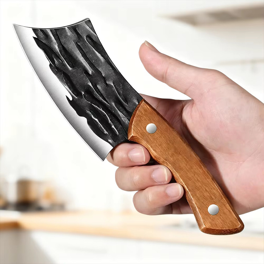 PTIEB Mini Hackmesser aus Edelstahl mit Holzgriff in Schwarz und Silber für Fisch, Fleisch und Gemüse - Bild 2