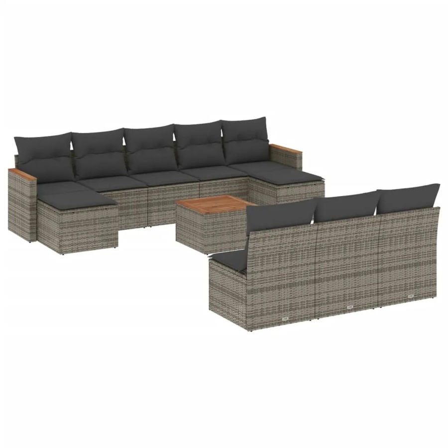 vidaXL 11-teilige Garten-Sofagarnitur aus Poly-Rattan in Grau mit Kissen und Akazienholz - Bild 2