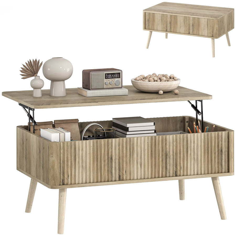 HOMCOM Couchtisch mit Lift-Mechanismus und versteckten Ablagefächern in Eiche, B/T/H: 91 x 56 x 43 cm - Bild 1