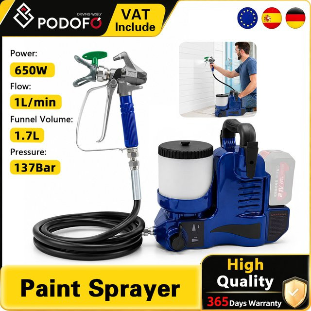 Podofo Hochdruck-Airless-Spritzgerät 21V, kabelloser elektrischer Airless-Farbsprüher mit bürstenlosem Motor und Makita-Akku-Schnittstelle, Blau, 1,7 l - Bild 1