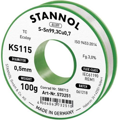 Stannol KS115 Bleifreies Lötzinn Sn99,3Cu0,7 ROM1 in Silber, 100g, 0,5mm - Bild 1