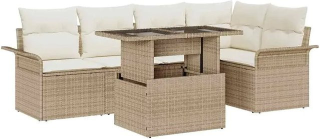 vidaXL Garten-Sofa-Set aus Poly-Rattan mit Kissen und Stauraum, 6-teilig, Beige/Weiß - Bild 1