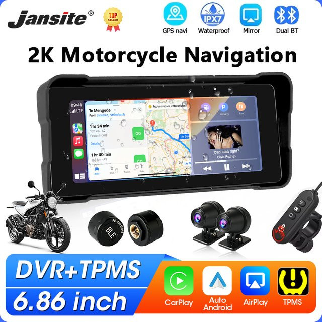 Jansite Tragbarer Motorrad-DVR mit 6,86 Zoll IPS-Bildschirm, GPS-Navigation, Wireless CarPlay und Android Auto, Bluetooth, IPX7 Wasserdicht, Schwarz - Bild 1