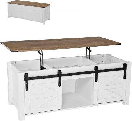 VEVOR Lift Top Couchtisch im Bauernhaus-Stil mit verstecktem Staufach und Scheunentor, höhenverstellbarer Kaffeetisch aus MDF, Weiß - Bild 1