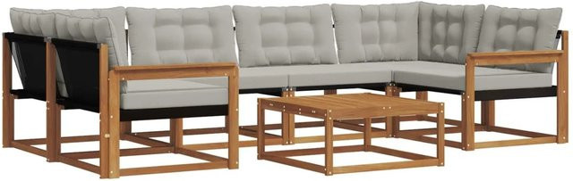 vidaXL Outdoor-Sofagarnitur 7-teilig aus Akazienholz und Textilene in Natur und Hellgrau mit L-Form und Kissen - Bild 1