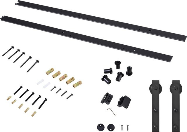 HOMCOM Schiebetür-Beschlagsatz aus Kohlenstoffstahl in Schwarz Matt, Komplett-Set für Schiebetüren bis 200 cm mit Schienen, Rollen und Zubehör - Bild 1