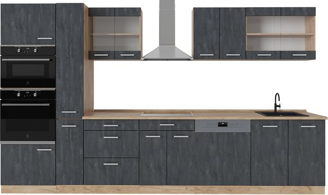 Vicco R-Line Küchenzeile modern in Schwarz Beton und Eiche, Breite: 350 cm, Höhe: 207 cm, Tiefe: 60 cm - Bild 1