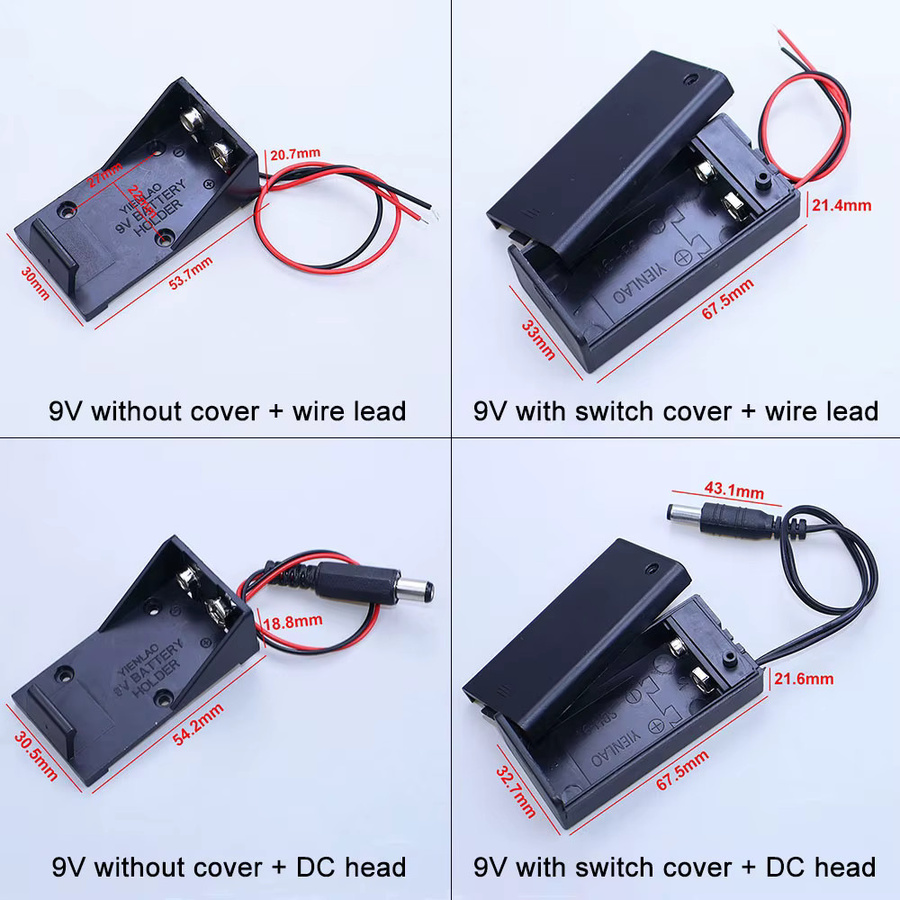 Yanxi 9V Batteriehalter in Schwarz mit Kabelanschlüssen, DC-Stecker und EIN/AUS-Schalter für deine DIY-Projekte - Bild 3
