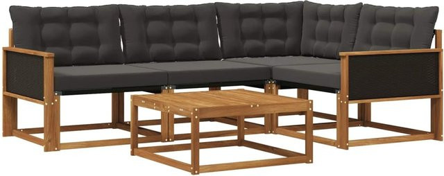 vidaXL Outdoor-Sofagarnitur L-Form aus massivem Akazienholz mit Textilene und 5 Kissen in Schwarz und Natur - Bild 1