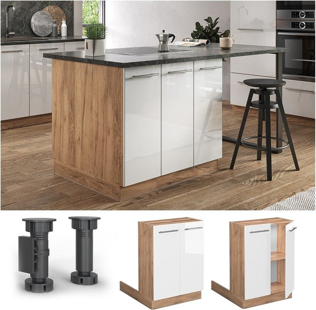 Vicco Küchenunterschrank Fame-Line Kücheninsel Eiche Weiß Hochglanz mit Drehtür und Einlegeboden Breite: 60 cm - Bild 1