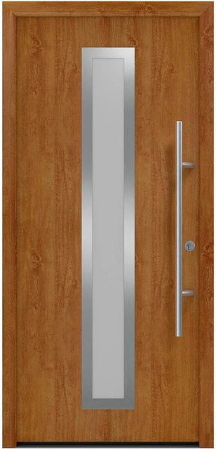EcoStar Haustür Isopro Secur IPS 700S in Golden Oak, Farbe: Braun, mit Glaseinsatz, Material: Stahl und Aluminium, Sicherheitsstufe RC2, B/H: 110 x 210 cm, DIN Rechts - Bild 1