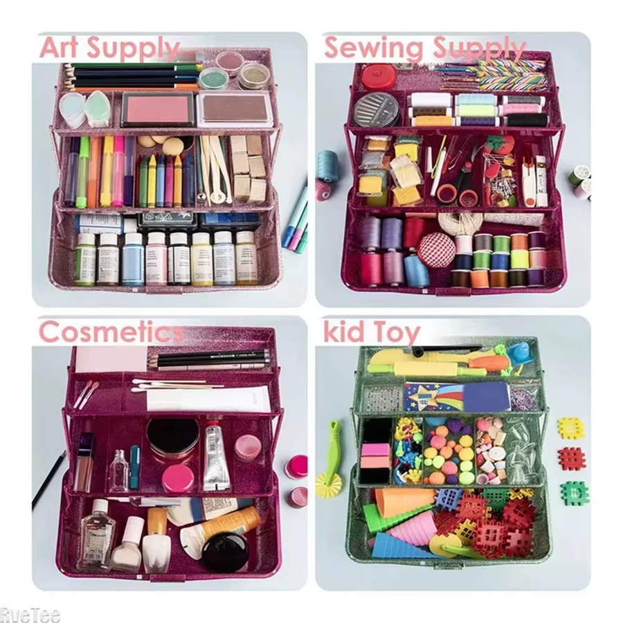 RveTee Bastelwerkzeug-Aufbewahrungsbox in Glitzerrosa, 3-lagige stapelbare Nähbox und Organizer für Kunstbedarf - Bild 2