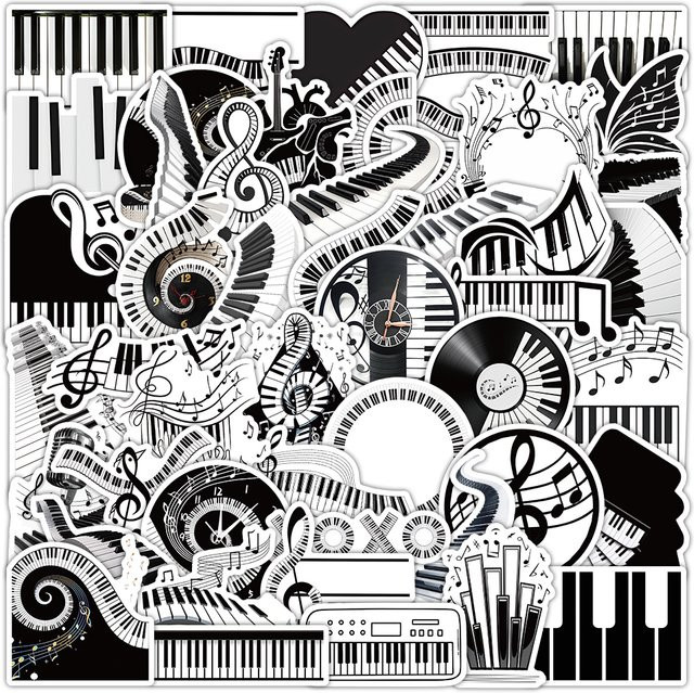 50 Stück Musik Element Aufkleber mit Klaviertasten in Schwarz und Weiß für DIY Notebook und Gepäck, wasserdicht - Bild 1
