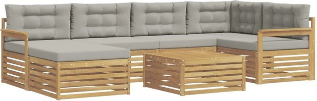 vidaXL Outdoor-Sofagarnitur L-Form aus Akazienholz mit 7 Kissen in Weiß und Hellgrau - Bild 1