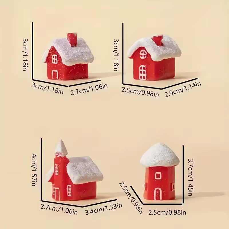 ZQNYCY 4er Set Weihnachtsdekoration Miniatur Winterdorf aus Harz in Rot für Tischdekoration und Kuchenverzierung - Bild 3