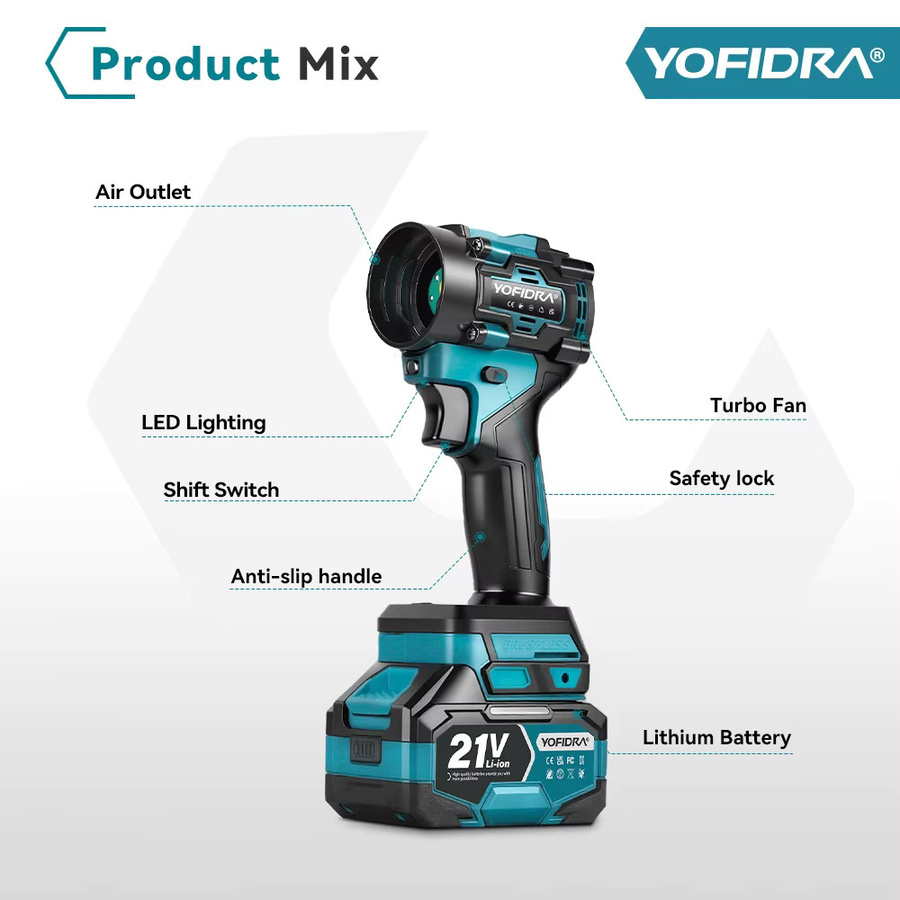 YOFIDRA Bürstenloser Elektro-Turbogebläse-Ventilator und Staubsauger mit 110m/s für Makita 21V Akku - Bild 5