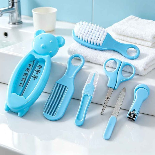vvocci 7-teiliges Baby-Pflegeset in Blau mit Nagelknipser und Wassertemperaturmesser für Kinder - Bild 1