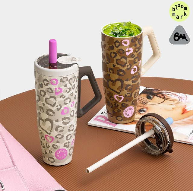 BLOOMMARK Isolierte Wasserflasche mit Strohhalm im Leopardendruck, 316 Edelstahl, Multicolour - Bild 1