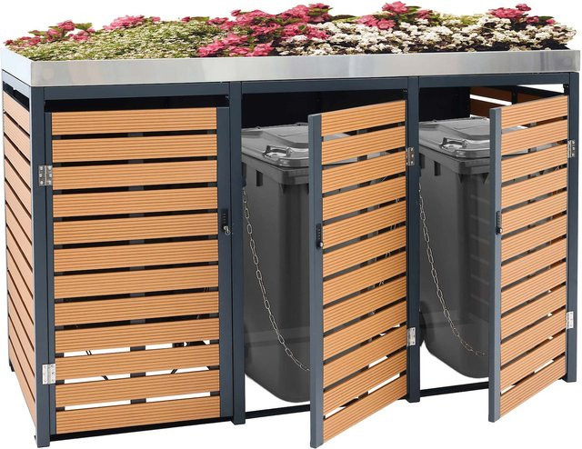 MCW 3er Mülltonnenverkleidung K14 mit Pflanzkasten in Teak-Optik aus WPC und Edelstahl, B/T/H: 200 x 124 x 84 cm - Bild 1