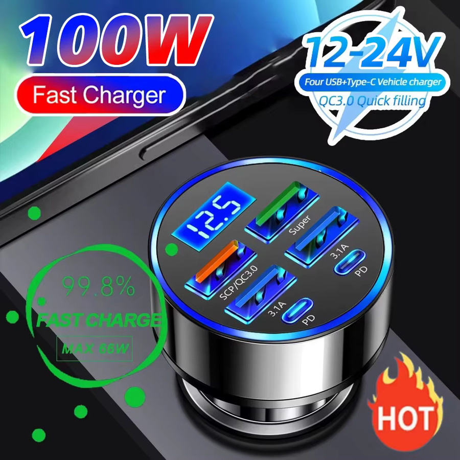 100W 6-Port Autoladegerät mit USB-C Schnellladung PD und QC3.0 in Schwarz für iPhone, Samsung, Huawei und Xiaomi - Bild 2
