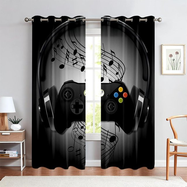 Yiran Furniture Halbverdunkelnde Vorhänge mit Technologiespiele-Motiv in Schwarz, 2er-Set mit Ösen, Breite: 50 cm, Höhe: 140 cm - Bild 1