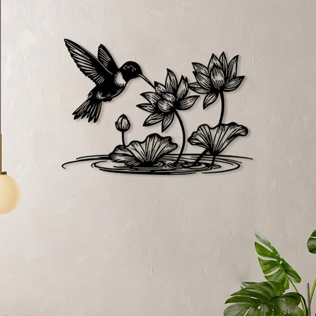 Moderne Wandkunst aus Metall von CIFBUY mit Kolibri und Lotus in Schwarz - Bild 1