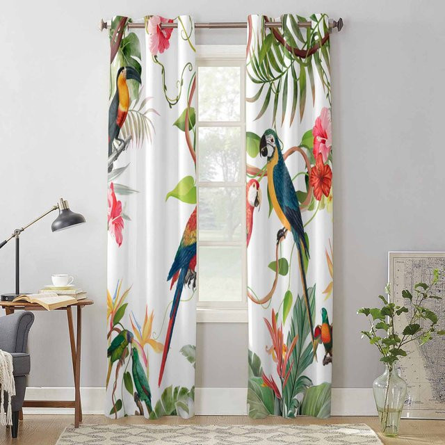 Binchi Outdoor Equipment Fenstervorhang mit tropischem Blätter- und Papageien-Blumenmuster, halbtransparent, Mehrfarbig, Breite: 135 cm, Höhe: 60 cm - Bild 1