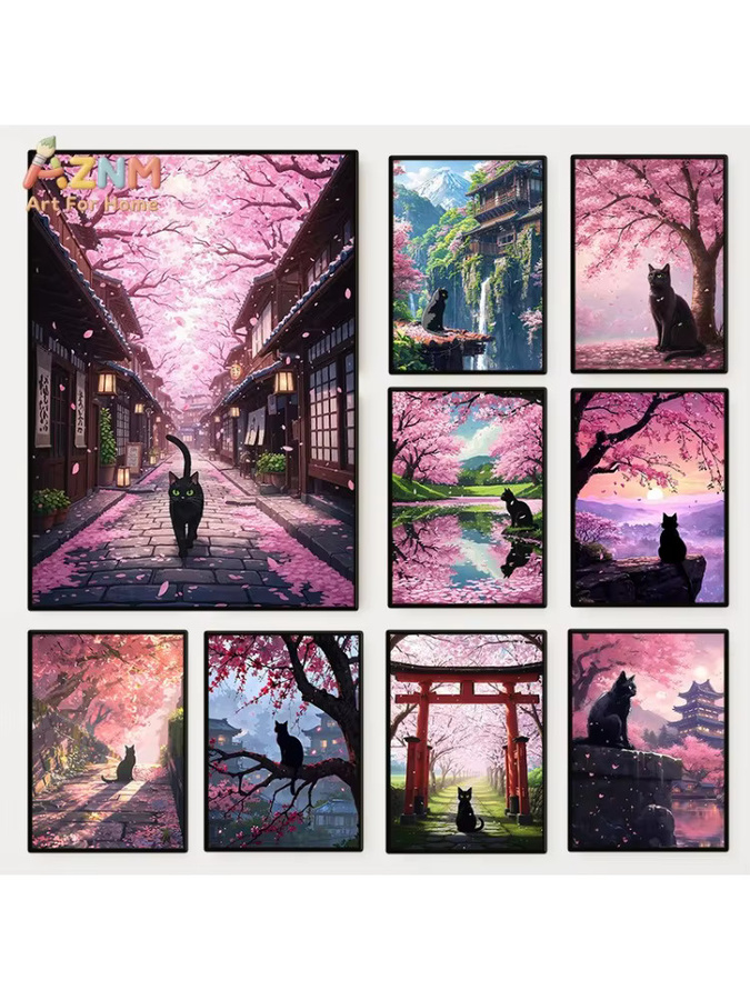 AZNM Leinwand-Wandkunst Japanische Kirschblüten und Schwarzkatze in Schwarz und Multicolour, rahmenloser Anime-Sakura-Landschaftsdruck für dein Zuhause - Bild 3