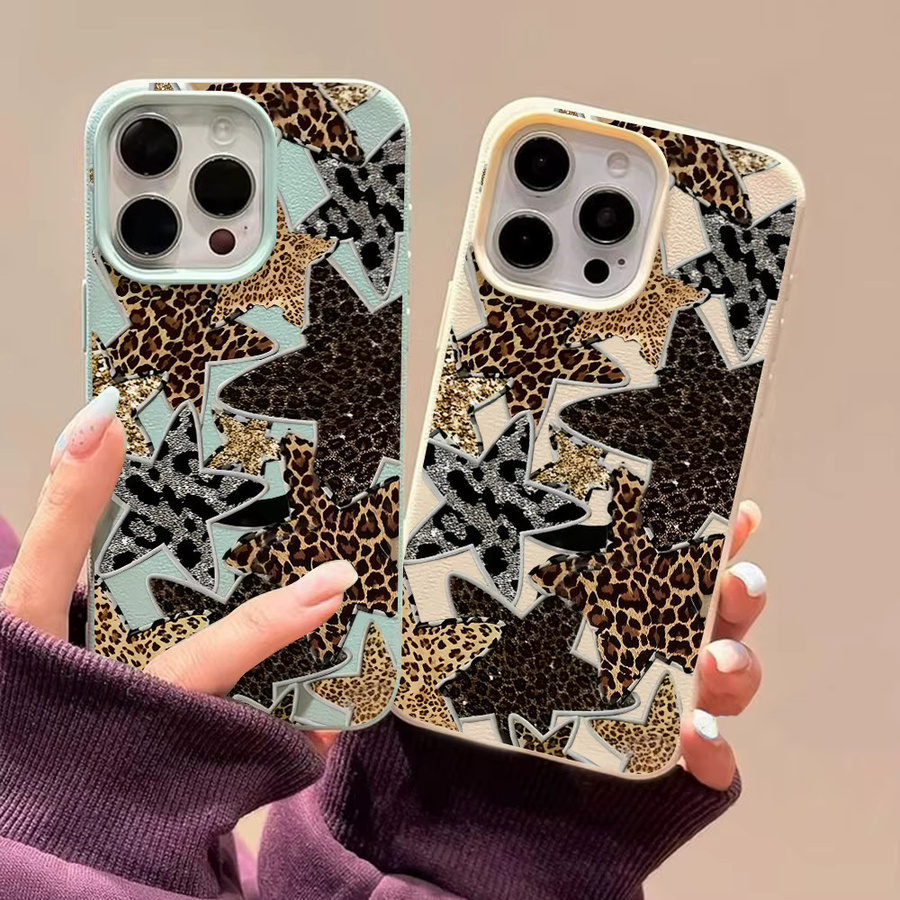 Handyhülle für Apple iPhone 12 bis 17 Pro Max und Air mit Leoparden-Print, Glitzer-Sternen und Patchwork-Textur in Schwarz und Multicolour - Bild 2