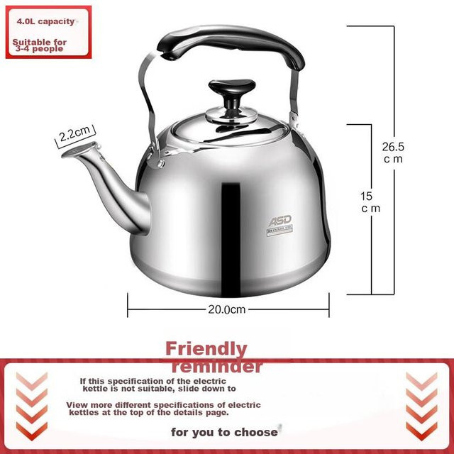 ASD Pfeifkessel WG1504 aus 304 Edelstahl, 4l, Farbe: Silber, für Gas- und Induktionsherde - Bild 1