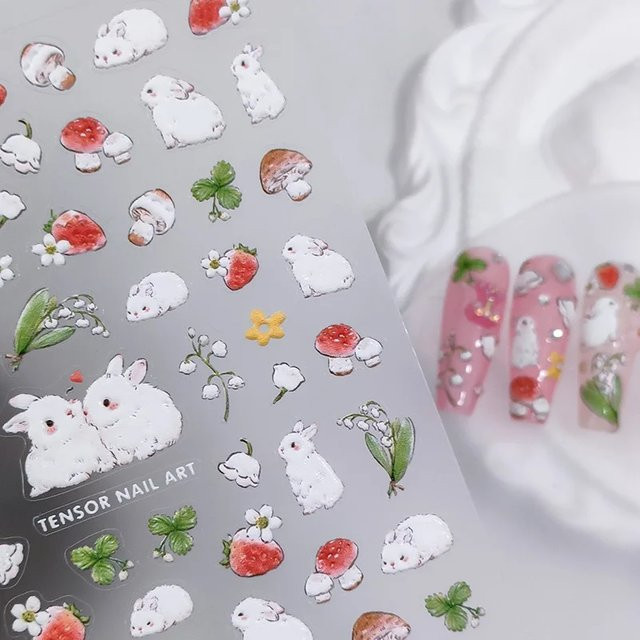 Rhstoe Nail Art Aufkleber, Erdbeere Kaninchen Cartoon, 3D Reliefs - Bild 1