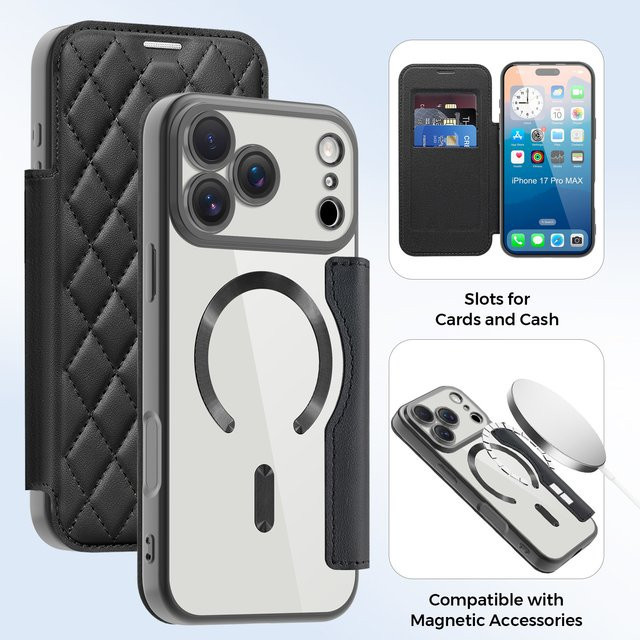 Luxus Mesh Flip Handyhülle aus PU-Leder mit magnetischer Aufladung für iPhone 17, 16, 15 Pro Max, 17 Air und 15 Plus in Gold oder Schwarz - Bild 1