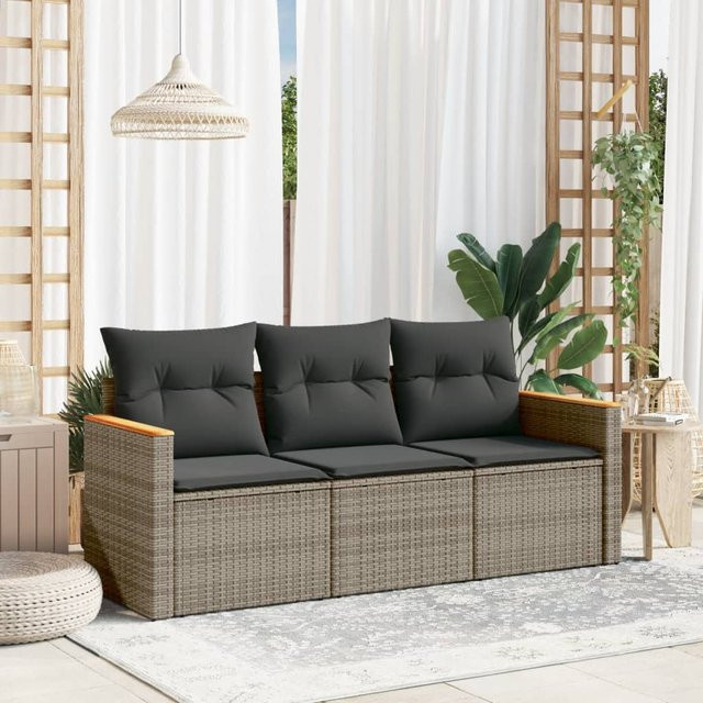 vidaXL 3-teilige Garten-Sofagarnitur aus Polyrattan in Grau mit Kissen und Armlehnen - Bild 3