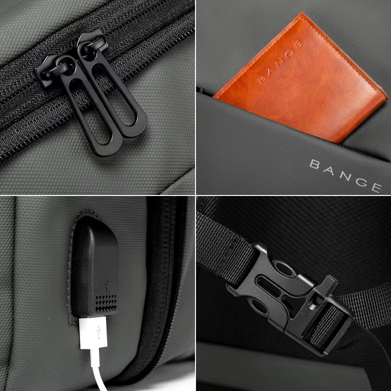 BANGE Ästhetischer Business-Rucksack für Herren in Grau mit USB-C Anschluss, wasserdicht und erweiterbar, passend für Laptops bis 17,3 Zoll - Bild 4