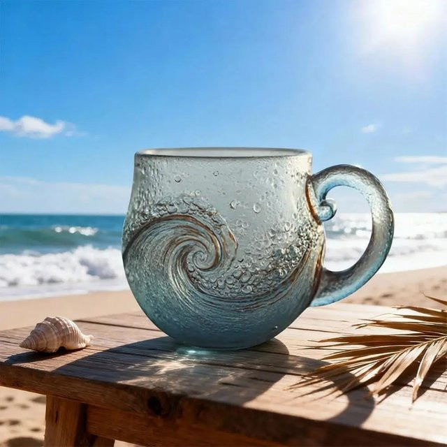 Handgefertigte Kaffeetasse aus Glas mit Meereswellen-Design in Blau - Bild 1