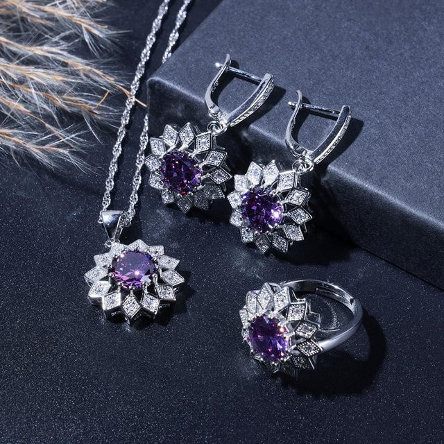 Schmuckset Damen, Kupfer, lila Zirkonia, Armband, Ohrringe, Halskette, Ring - Bild 1