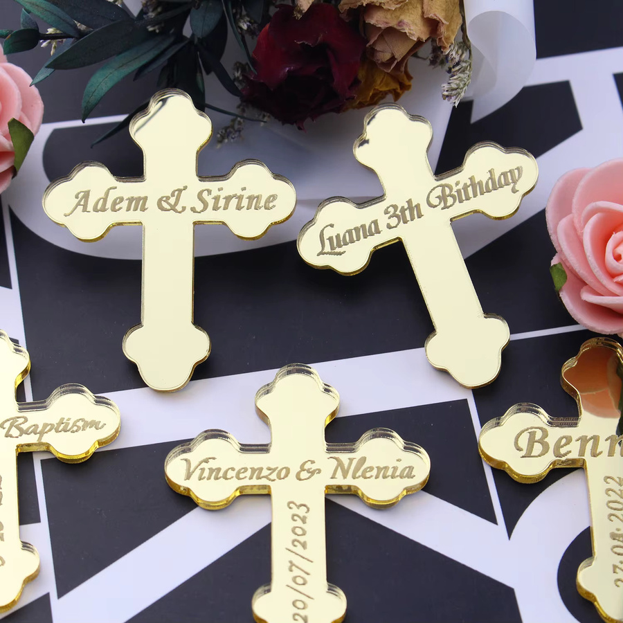 Personalisierte Acryl-Kreuz Tischdeko für Taufe, Kommunion oder Hochzeit in Transparent und Rosegold, Höhe: 4,0 cm, Breite: 30,0 cm - Bild 1