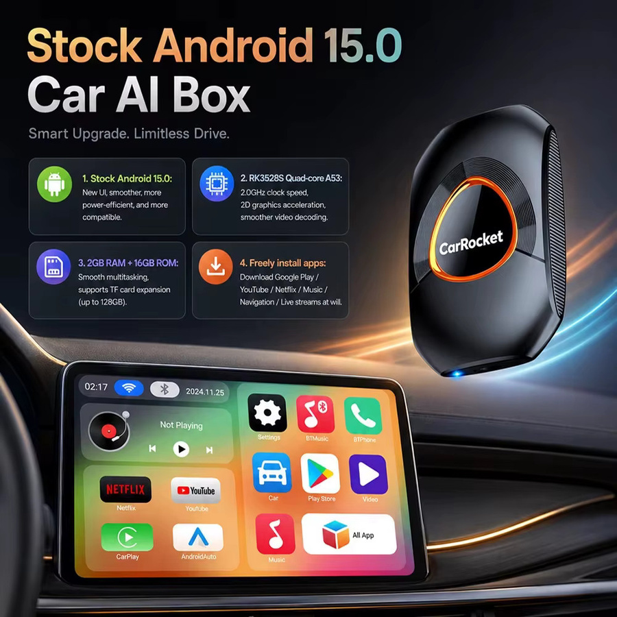 CarRocket Wireless CarPlay AI Box Android 15 mit Netflix und YouTube, Multimedia-Videobox für Autos mit kabelgebundenem CarPlay, Schwarz - Bild 2