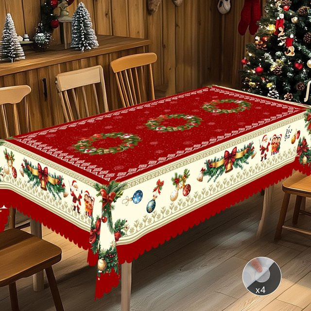 JINGYUE Pet Weihnachts-Tischdecke im Vintage-Bauernhaus-Stil mit Weihnachtsmann, Rentier und Weihnachtsbaum, rot, B: 152 cm, L: 220 cm - Bild 1
