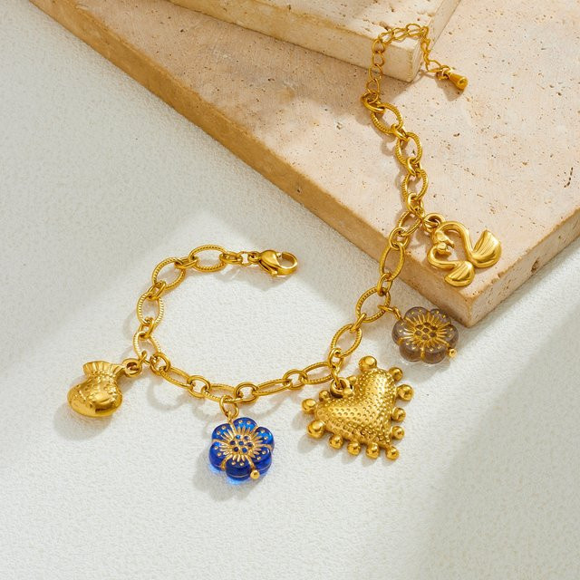 xiyanike Armband, Edelstahl, Gold, Herz-Blumenanhänger, Damen - Bild 1