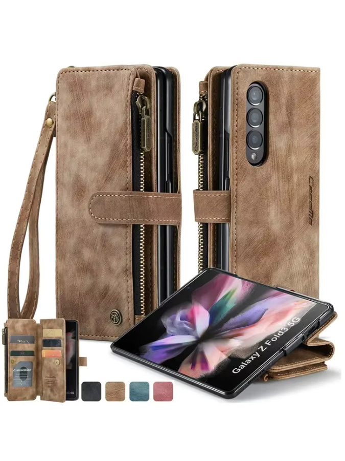Business Flip Leder Handyhülle mit Reißverschluss und Wallet Card Cover für Samsung Galaxy Z Fold 7 6 5 4 sowie S25 Ultra S24 FE S23 S22 S21 S20 Plus in Rot und Braun - Bild 5