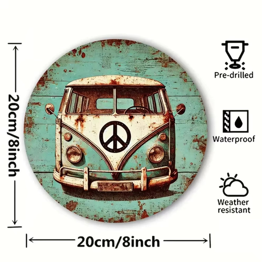 Potdemiel Vintage Hippie Van Wandkunst aus Metall, Rundes Retro Friedenszeichen Schild in Multicolour, Durchmesser: 20 cm - Bild 2
