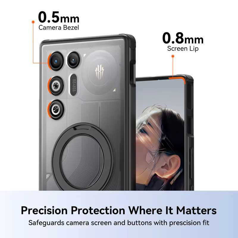 Stoßfeste magnetische Schutzhülle für ZTE Nubia Red Magic 11 Air, 11 Pro und 11 Plus in Transparent oder Beige mit drehbarem Metallring-Halter - Bild 3
