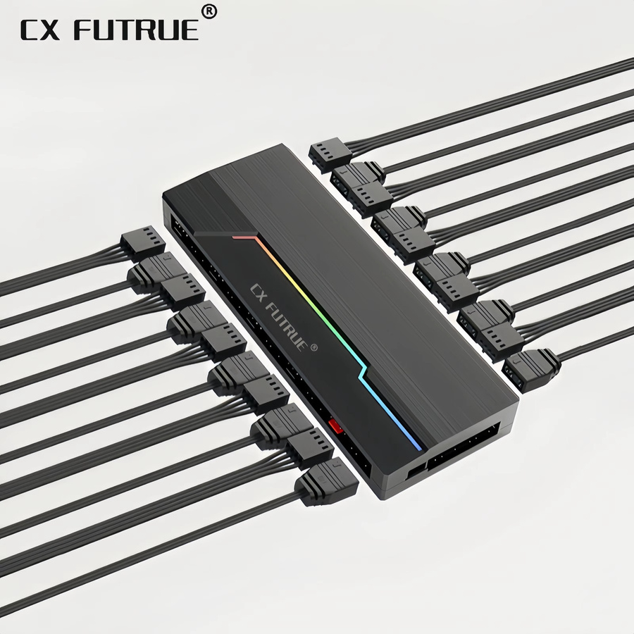 AuyiHomu Dualer 10-Port 4-Pin PWM 5V 3-Pin ARGB Lüfter-Hub mit Fernbedienung für PC-Gehäusekühlung in Schwarz - Bild 6