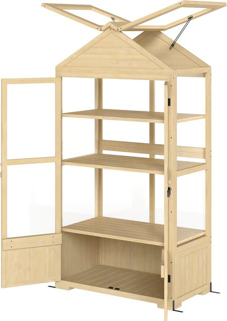Outsunny Gewächshaus aus Holz in Braun mit 4 Ebenen, Dachfenster und Doppeltür, abschließbares Frühbeet für Garten und Balkon - Bild 1