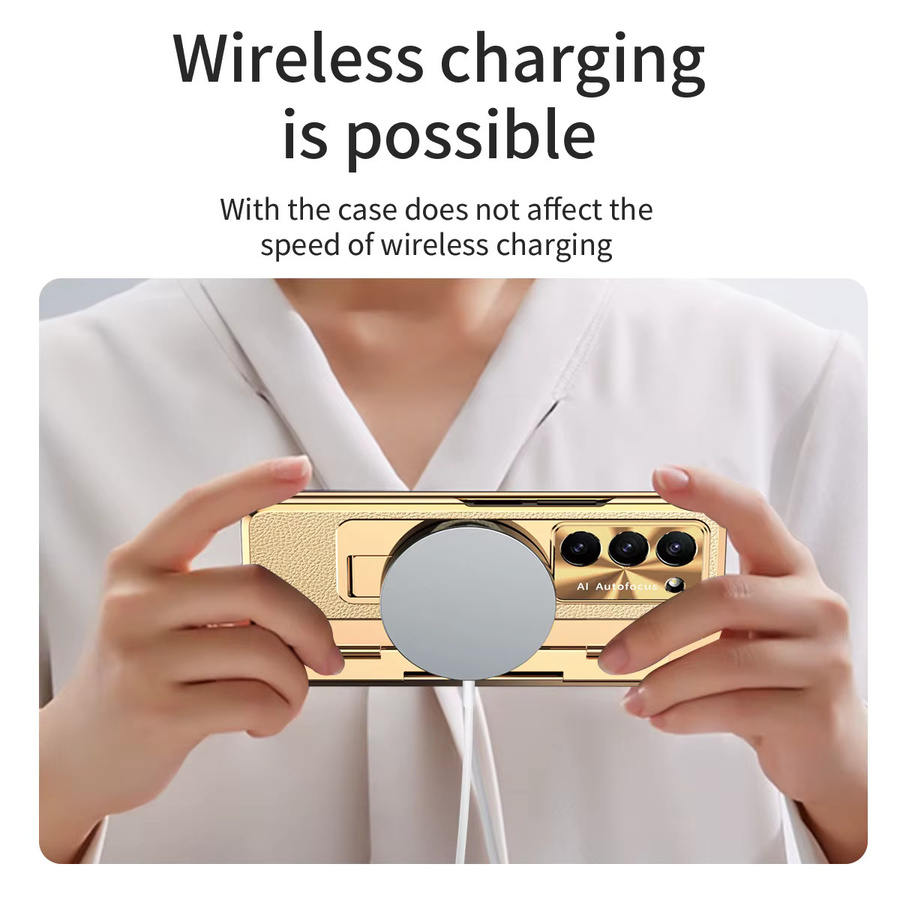 Samsung Schutzhülle für Galaxy Z Fold 4 5 6 7 8 mit einteiliger Scharnierschutzfolie aus Glas und Lederständer in Gold - Bild 2